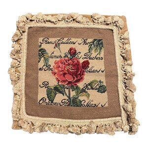 Vintage Needlepoint Rose Floral Tassel Pillow Cover 17” Square